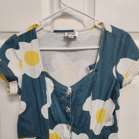 Unique Vintage Teal and White Floral Mini Dress - Picture 4 of 13